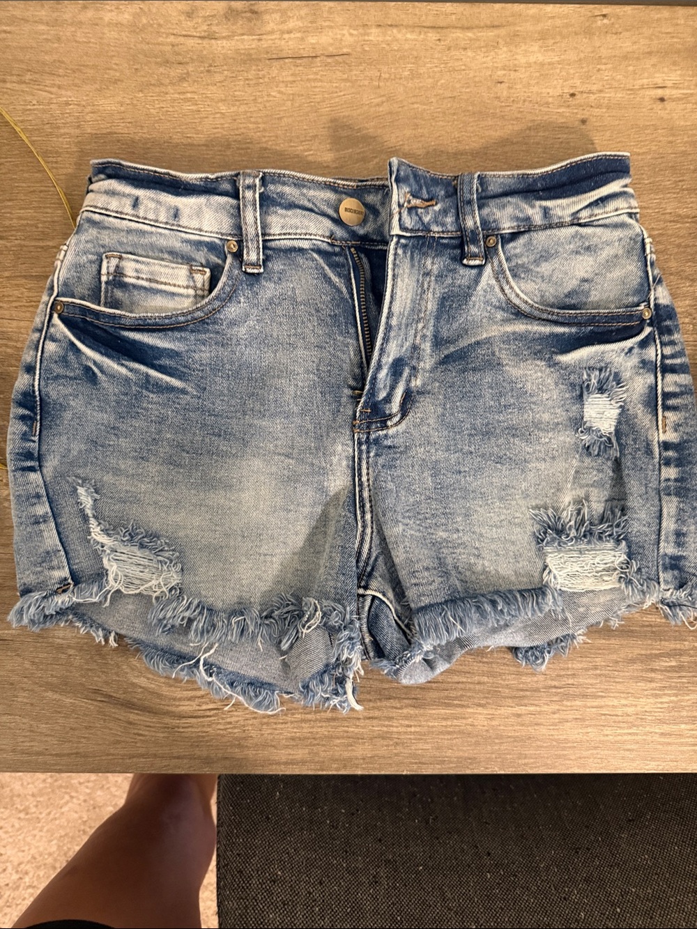 High-Rise Light Blue Distressed Denim Shorts
